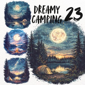 Forest Dreamy Camping clipartset, mistig meer png-stickers, landschapsset digitale download, bos goodnotes, bos natuur papier ambachten