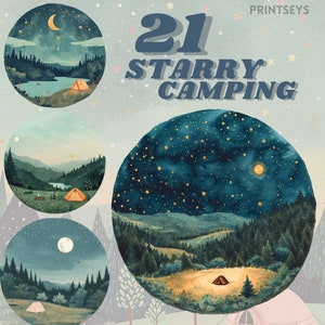 Paquete de pegatinas digitales Whimsical Night camping, guache, imágenes prediseñadas de senderismo, diario, noche estrellada, comercial, camping nocturno, tiendas de campaña