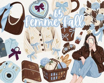 Coquette Fall Clipart Bundle, Model Off Duty Pumpkin Patch PNG, Pastel Crayon Autumn Fashion Digital Stickers