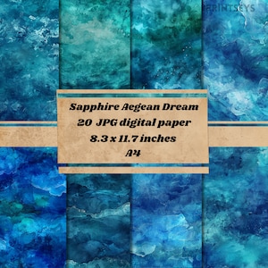 Papier numérique de rêve égéen saphir, papier texturé vintage de voyage grec, textures de scrapbooking, téléchargement immédiat de papier turquoise saphir