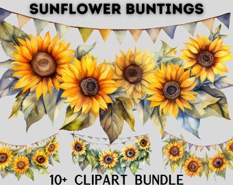 Watercolour Sunflower Bunting clipart bundle, floral buntings, summer bunting, scrapbooking, instant download