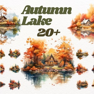 Pacote de clipart de paisagem de lago de outono em aquarela, casa de lago, clipart de outono, clipart de paisagem de outono, montanhas png, scrapbooking