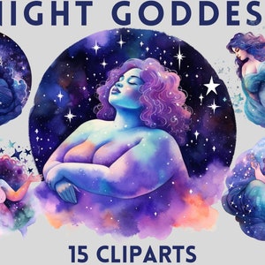Aquarell Celestial Curvy Night Goddess Clipart Bundle, Body Positivity Clipart, Chubby Clipart, Plus Size Clipart, Celestial Clipart