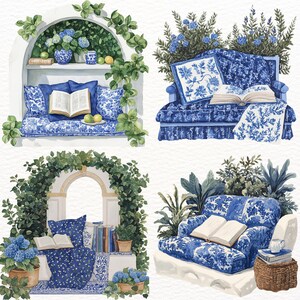 Puede incluir: Cuatro ilustraciones diferentes de muebles con estampado azul y blanco con libros y vegetaci&oacute;n. Los muebles incluyen un banco, un sof&aacute; y dos sillones.
