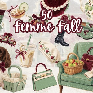 Könnte beinhalten: Eine digitale Illustrationssammlung mit dem Titel 50 femme fall, die einen braun-weißen Spaniel, einen grünen Sessel, einen Weidenkorb mit Äpfeln, eine Teekanne, einen Kaffeebecher, ein Barett, Handtaschen, Slipper, eine Haarspange und ein Getränk zeigt.