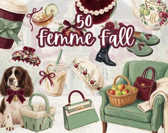 Coquette Autumn Clipart, Preppy Rich Girl Fall Graphics, Orchard Apple Picking PNG, Girly Fall Illustrations, Soft Girl Autumn Aesthetic