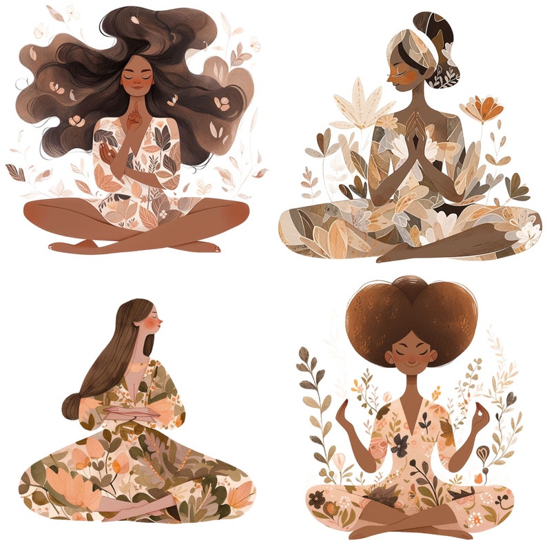 May include: Four illustrations of women meditating in a seated position with floral patterns and colours. Each woman has a different hairstyle and is surrounded by flowers and leaves.