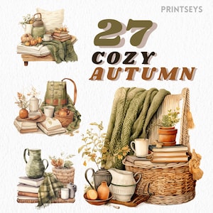 Lot de cliparts automne confortable aquarelle, clipart automne, décoration automne, bougies, jetés, feuilles d'automne, clipart cottagecore, livres, gland