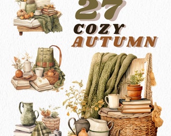 May include: A collection of 27 cozy autumn illustrations featuring a variety of items, including books, a blanket, a basket, a teapot, a mug, a backpack, a chair, and pumpkins. The illustrations are painted in a watercolor style and have a warm, inviting feel.