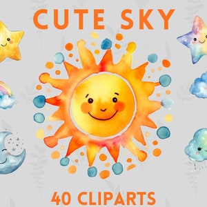 Aquarel schattige hemel clipart bundel, zon clipart, maan clipart, ster en cloud clipart, clipart voor kinderen, schattige clipart, regenwolk clipart