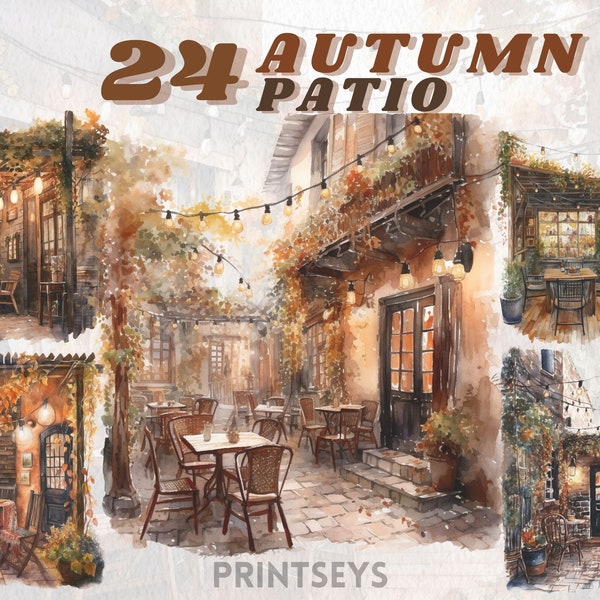 Gemütlicher Herbst Aquarell, Cosy Herbst französisch Café Terrasse, Clipart, Cottagecore, Pastell, Pastell, Pastell, Pastell, Herbst, Vintage Landschaft