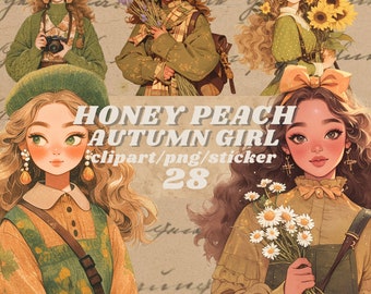 Peach & honey feminine Autumn digital stickers,aesthetic journaling, dark feminine png, cute whimsical fall sticker, transparent, scrapbook
