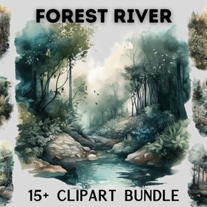 Aquarelle Forest River Clipart Bundle, Paysage clipart, randonnée, nature, camping