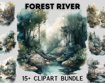 Watercolour Forest River Clipart Bundle, Landscape clipart, hiking, nature, camping