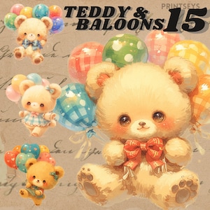 Cute Teddy bear and baloons digital sticker, party clipart bundle, transparent,instant download, party baloons clipart, vintage bear