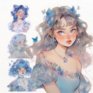 Bundle de clipart fée fleur de ne m'oublier pas, autocollants féminins goodnotes, travaux manuels en papier floral printanier, png transparent fantaisiste, girly mignonne