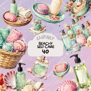May include: Watercolor illustration of beach-themed self-care items. The image includes seashells, soaps, towels, jars of bath salts, and bottles of lotion. The text "Clipart Beachy Self Care 40" is also included.