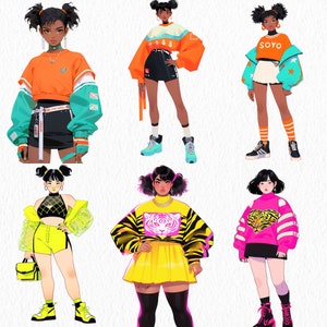 May include: Six illustrations of women wearing different outfits. The women have dark skin, black hair, and are wearing colorful clothing. The outfits include a yellow and black tiger print sweater, a pink sweater with a tiger print, a blue and orange jacket, a yellow and black crop top, a blue and orange jacket, and a blue and orange crop top with a white skirt.