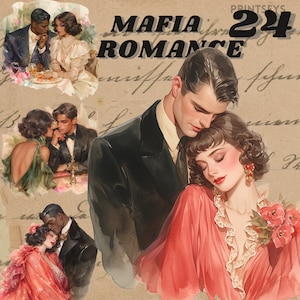 pegatinas digitales de pareja de mafia vintage, paquete de imágenes prediseñadas de San Valentín, tropo booktok, esposa de la mafia, descarga instantánea, scrapbooking, amantes, diario