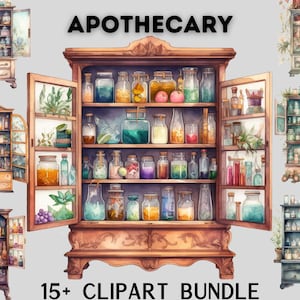 Watercolour Witches Apothecary Cabinet Clipart, Wiccan png, magic clip art, mystical clipart, witchcraft png clipart, pagan . clipart bundle image 1