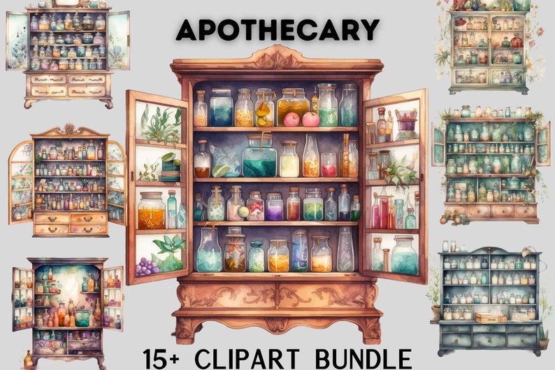 Watercolour Witches Apothecary Cabinet Clipart, Wiccan png, magic clip art, mystical clipart, witchcraft png clipart, pagan . clipart bundle image 1