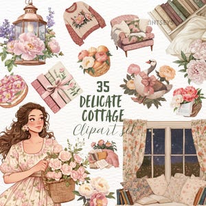 Aquarelle cottage cosy clipart, clipart Cottagecore, clipart rustique, planificateur d'autocollants, PNG vintage, téléchargement numérique, usage Commercial