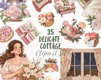 Watercolor Cozy Cottage Clipart, Cottagecore Clip Art, Rustic ClipArt, Planner Stickers, Vintage PNG, Digital Download, Commercial Use