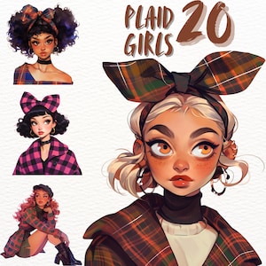 Puede incluir: Tres ilustraciones de chicas con diferentes peinados que llevan ropa de cuadros. El texto "PLAID GIRLS 20" está en la parte superior de la imagen.