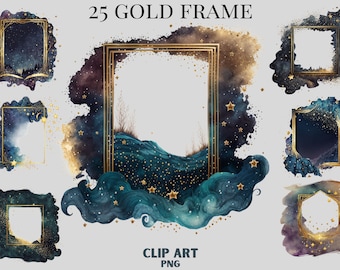 Watercolour Celestial Gold Frame Clipart bundle, gold and black stars, image border clipart, dark aesthetic, gold water clipart