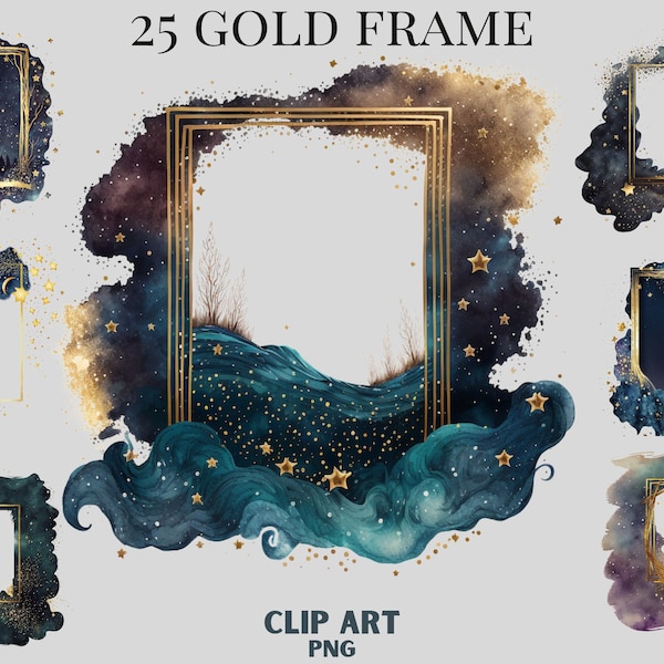 Watercolour Celestial Gold Frame Clipart bundle, gold and black stars, image border clipart, dark aesthetic, gold water clipart