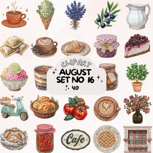 May include: Watercolor clipart set featuring various food and cafe-themed illustrations. Includes coffee, ice cream, pastries, a scooter, and the text "August Set No 16". Perfect for digital art projects.