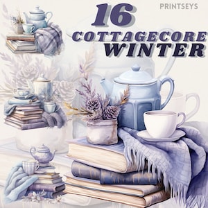 Aquarelle confortable paquet de cliparts d’hiver, png d’hiver, décor d’hiver, pommes de pin, lancers, clipart cottagecore, livres, théière, instantané, transparent
