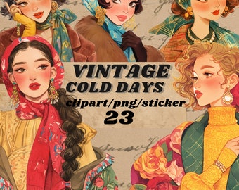 Vintage Cold weather girls clipart bundle, sutumn fashion digital sticker, png, scrapbooking,80s fashion png, digital sticker, transparent