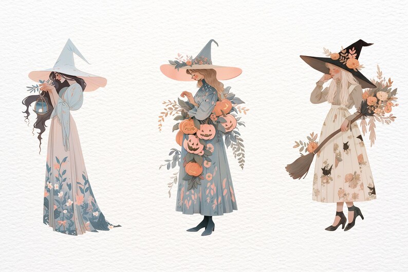 May include: Three witches in different outfits and hats, with floral and pumpkin accents. The witch on the left is holding a lantern, the middle witch is holding a bouquet of pumpkins, and the witch on the right is holding a broom.