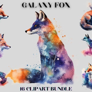 Style aquarelle Cosmic Fox clipart bundle, renard céleste, png, clipart animal, clipart fantastique, renards mystiques