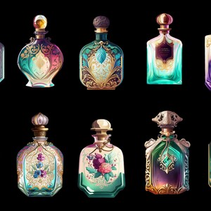 Puede incluir: Una colecci&oacute;n de frascos de perfume ornamentados con dise&ntilde;os intrincados y colores joya. Cada frasco presenta una forma &uacute;nica, un tap&oacute;n decorativo y detalles dorados. Los frascos est&aacute;n dispuestos sobre un fondo negro.