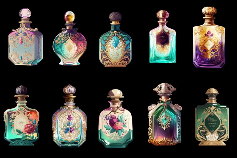 Puede incluir: Una colecci&oacute;n de frascos de perfume ornamentados con dise&ntilde;os intrincados y colores joya. Cada frasco presenta una forma &uacute;nica, un tap&oacute;n decorativo y detalles dorados. Los frascos est&aacute;n dispuestos sobre un fondo negro.