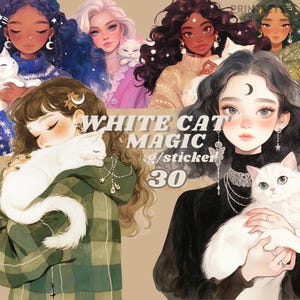 Weiße Katze Magie feminine Winter digitale Aufkleber, ästhetisches Journaling, dunkles feminines png, niedlicher, wunderlicher Aufkleber, Scrapbook