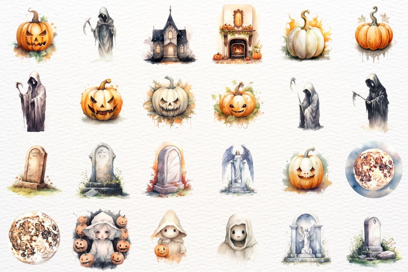 Puede incluir: Una colecci&oacute;n de ilustraciones de acuarela con temas de Halloween, que incluyen calabazas, fantasmas, l&aacute;pidas y una casa encantada. Las ilustraciones est&aacute;n pintadas en un estilo caprichoso con colores suaves y detalles.