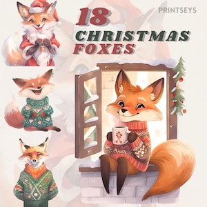 Mignon aquarelle Noël renards clipart bundle, vacances confortables, animaux mignons, téléchargement instantané, png, transparent, publicité de Noël