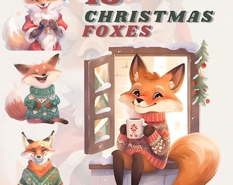 Cute Watercolour Christmas foxes clipart bundle, cozy holiday, cute animals, instant download, png, transparent, christmas commercial