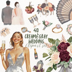 Conjunto de imágenes prediseñadas de acuarela de boda gris y rosa, pegatinas digitales de ensueño, PNG de estética vintage, descarga instantánea de gráficos de planificador comercial