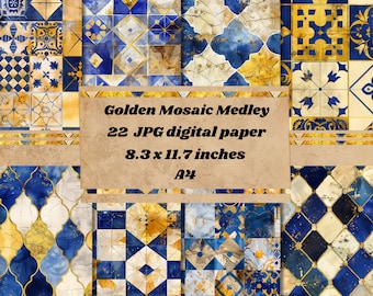 Greek Golden Tile Mosaic Digital Paper, Greek travel vintage textured paper, scrapbooking  textures, Vintage tile paper instant download