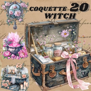 Feminines Coquette Witch Clipart-Bundle, Light Academia Aesthetic PNG, Wiccan Clipart, Okkultismus, Halloween, Femme Fatale, Coquette Vibes