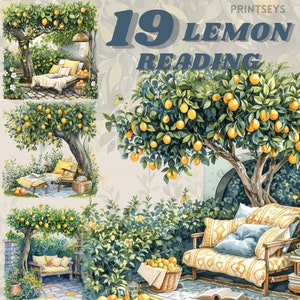 Acquerello Cozy Lemon Garden Nook, bundle di clipart, cottagecore, angolo di lettura floreale primaverile, istantaneo, adesivo digitale, lettura, libri
