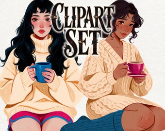 Cozy Fall Women Clipart, Crayon Lounge Set PNG, Autumn Coffee & Pajama Digital Art