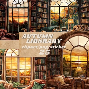 Pacchetto di clipart della biblioteca autunnale dell'acquerello, accogliente angolo di lettura autunnale, adesivo del mondo accademico scuro, lettura, libri, adesivo del giorno di pioggia png