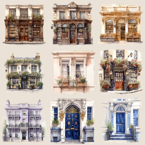 Watercolour Vintage Georgian London houses clipart bundle, retro building png,bookstore png, bakery , transparent, digital sticker image 4