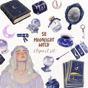 Bundle de cliparts sorcière au clair de lune ensemble d'autocollants wicca célestes ensemble d'autocollants magiques goodnote png transparents journalisation scrapbooking graphique occulte