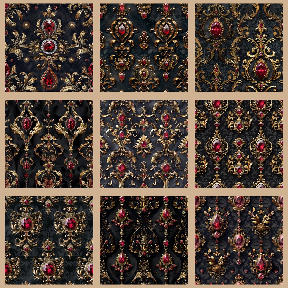 Baroque Gold Ruby Pattern Digital Paper,vintage Rococo Diamond Seamless ...